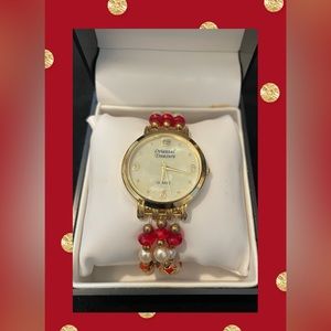 NWT. Vintage Oriental Treasure Triple Beaded Quartz Watch. Gold,Red,Pearl Beads.